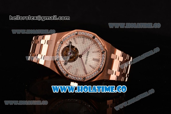 Audemars Piguet Royal Oak 41MM Swiss Tourbillon Manual Winding Full Rose Gold with White Dial Diamonds Bezel and Stick Markers (FT) - Click Image to Close